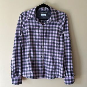 Columbia Plaid Button Down Shirt Outdoor Performance Fabric Light Purple Gingham